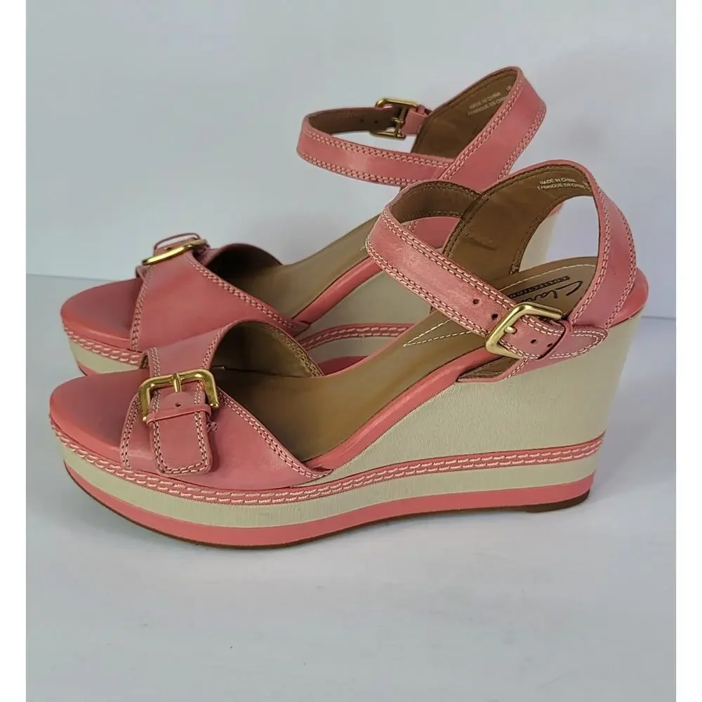 CLARKS Coral-Pink Zia Wedges Sandals with Gold Tone Buckle Women's Size 9M